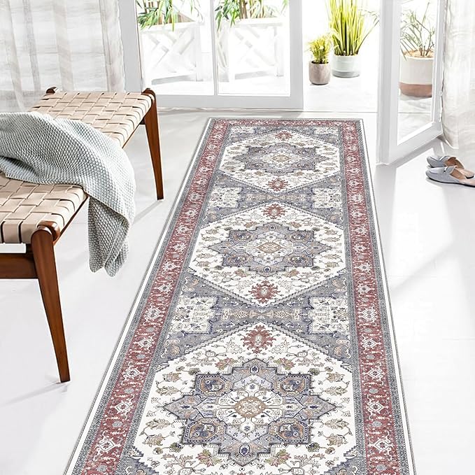 OPPODREAM Thin Entryway Rug 2x8, 2x8 Rug Runner, Washable Hallways Carpet 2 x 8 with Non Slip Backing, Low-Pile Bedside Carpet 2 x 8, Long, Faux Cashmere, Red & Grey