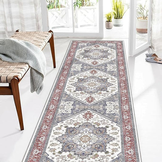 OPPODREAM Thin Entryway Rug 2x8, 2x8 Rug Runner, Washable Hallways Carpet 2 x 8 with Non Slip Backing, Low-Pile Bedside Carpet 2 x 8, Long, Faux Cashmere, Red & Grey