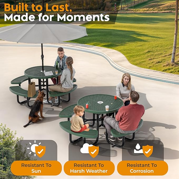 Metal Picnic Tables for Outdoors with Umbrella Hole - Coated Steel Heavy Duty Commercial Grade Furniture Set with Adjustable Seats (Green, 38 in, Round, Expanded Steel)