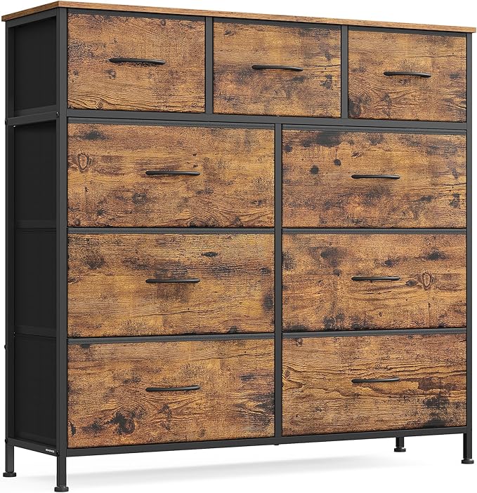 SONGMICS Dresser for Bedroom, Chest of Drawers, Steel, MDF, 9 Non-Woven Fabric Drawers, Storage Organizer Unit, Closet, Entryway, Rustic Brown and Ink Black LGS324B02S