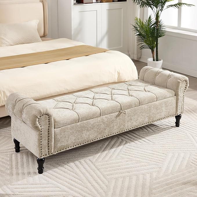 Storage Bed Bench for Bedroom, Chenille 67" End of Bed King Size Benches with Armrest, Tufted Button Upholstered Ottoman Bench for Living Room, Entryway, Khaki