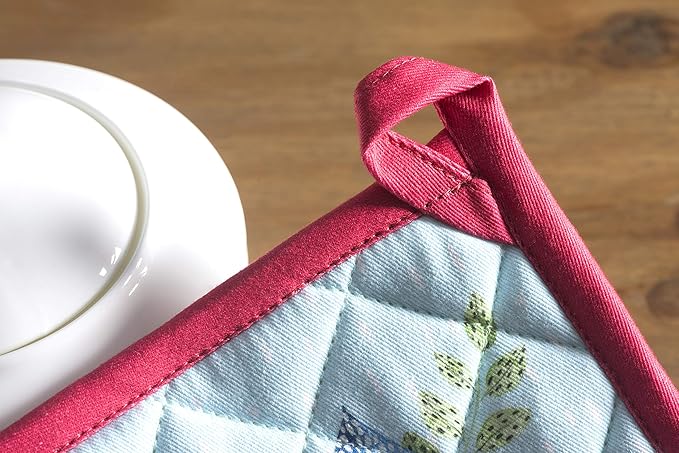 Maison d' Hermine Pot Holders Set 100% Cotton Heat Resistant Potholders 8" x 8" Hot Pads with Loop BBQ, Cooking, Grilling, Kitchen, Handling Hot Pans Spring/Summer (Pack of 2, Jardin D'Ete - Mint)