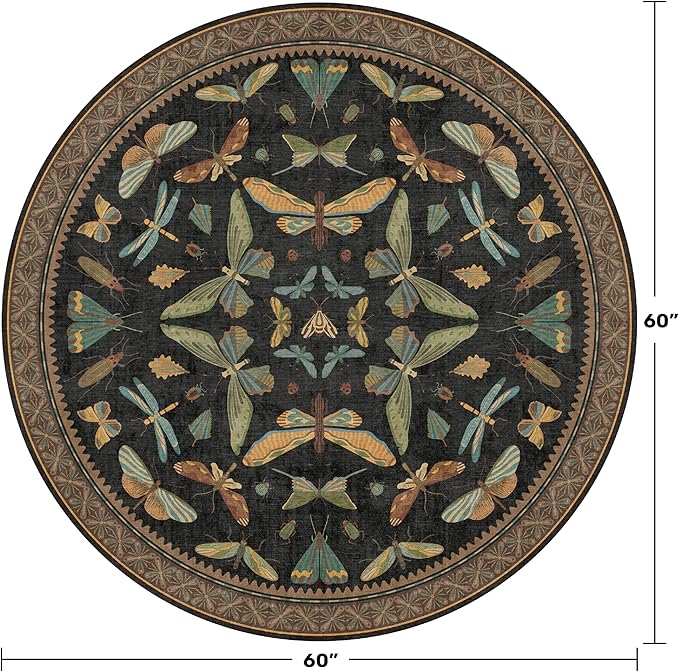 Black Boho 5ft Round Throw Rugs for Living Room - Dark Unique Insect Print Large Entryway Rug, Low Pile & Soft Carpet for Bedroom Beside Bed, Kids Playroom, Non Slip Stain Resistant Home Décor
