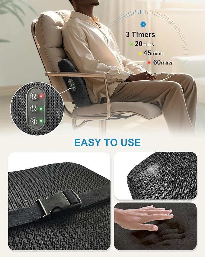 Beleduc Lumbar Support Pillow for Office Chair - Heated Back Support Pillow with Vibration Massage, Ergonomic Back Massager for Chair, Adjustable Vibration, 2 Heat Levels, Gifts