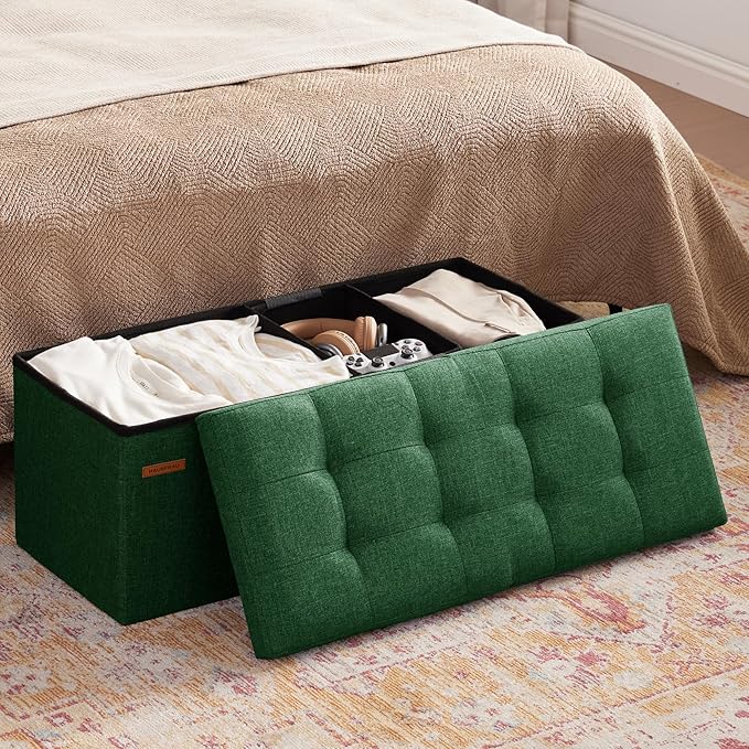 HAUSFRAU 31.5 Inches Ottoman with Storage Bench, Folding Ottoman Bench Small Foot Rest Stool, Bedroom Bench with Flipping Lid, Linen Green