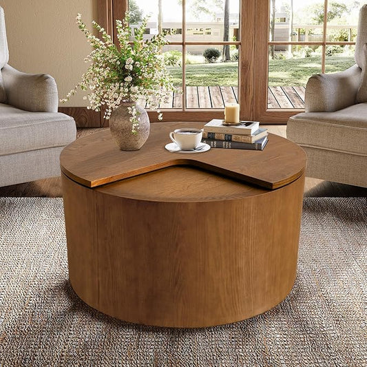 Round Coffee Table with Storage for Living Room 27.16" Small Brown Wood Tea Table Mid Century Modern Coffee Table Rustic Boho Coffee Table Circle Sofa Side Table for Small Space (Circle Brown)