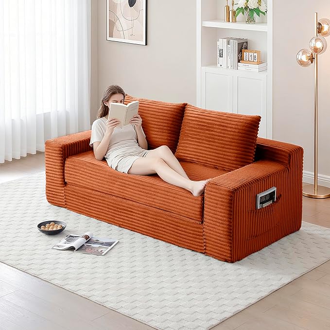73" Cloud Loveseat Sofa Couch in a Box, 2 Seater Boneless Couch, Convertible Pull Out Sofa Bed with Pillows, No Assembly, Memory Foam, Modern Small Couches for Small Spaces (A-Orange)