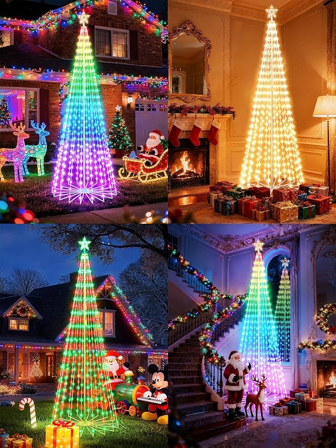 Flacchi Smart Christmas Outdoor Tree Lights - Star Tree Topper with Removable Bracket, App Control, Sync with Music, Waterfall Colored Lighted for Holiday Decorations (8.8FT/ Rope Lights)