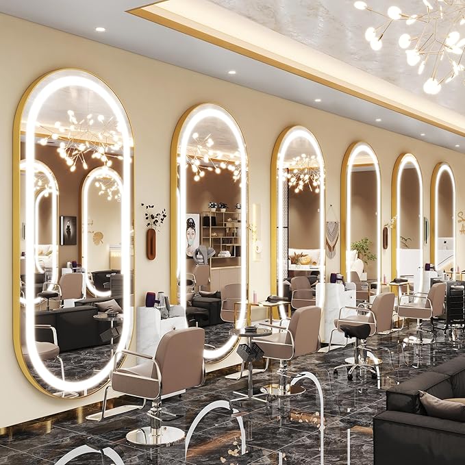 FENNIO 70" x 32" Large Luxury Wall Mounted Mirror with LED Lights - Oval Full Length LED Lighted Full Body Dressing Mirror for Bedroom, Salon, Brushed Aluminum Frame, Tempered Glass