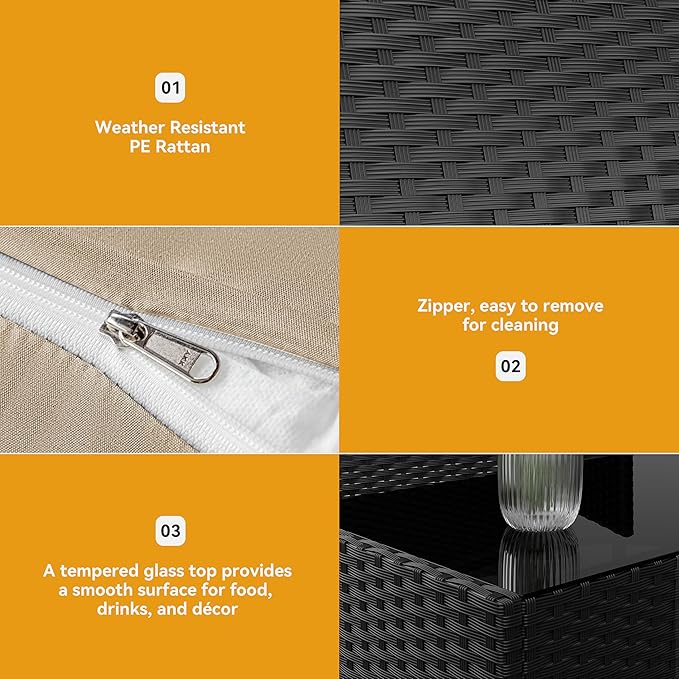 Kurapika Patio Furniture Set 4 Pieces Outdoor Wicker Rattan Chairs Conversation Sets w/Coffee Table, Rocking Bistro Set, for Patio Lawn Backyard (Sand)