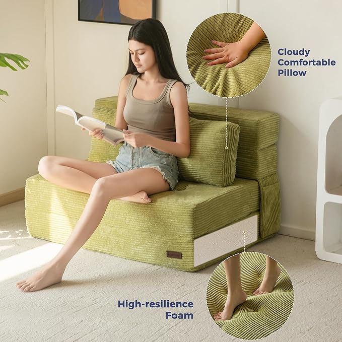 MAXYOYO Convertible Sofa Bed, Fold Out Loveseat Sleeper Sofa with Pillow, 4 in 1 Tufted Folding Couch Bed Foam Floor Couch, Lazy Chair for Living Room Bedroom Guest Room, Green