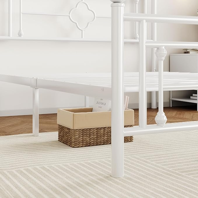 SHA CERLIN 14 Inches Twin Size Metal Platform Bed Frame/Vintage Iron-Art Headboard and Footboard/Mattress Foundation for Storage/No Box Spring Needed/Noise-Free/Easy Assembly/White