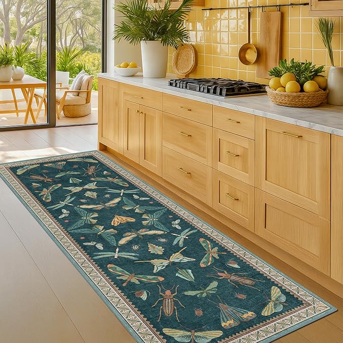 Brown and Green Kitchen Sink Runner Rug 2x5 - Teal Boho Bathroom Rugs for Entrance Indoor, Insect Print Floral Vintage Unique, Washable Non Skid Stain Resistant