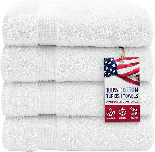 American Veteran Towel, 100% Cotton Turkish Bath Towels for Bathroom 4 Pack, 27x54 Extra Large Premium Soft Drying Bathroom Towels, White
