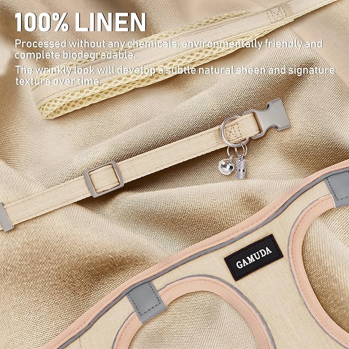 GAMUDA Small Pet Harness Collar and Leash Set, Step in No Chock No Pull Linen Fabric Soft Mesh Dog Vest Harnesses Reflective for Dogs Puppy Cats Kitten Rabbit (Khaki, XS)