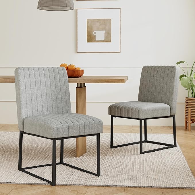 VKNOW Upholstered Dining Chairs Set of 6, Modern Dining Room Chairs with Stripe, Linen Kitchen Chair Dinner Chair with Black Metal Base for Kitchen Office, Light Grey