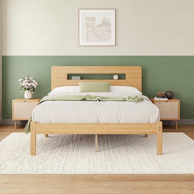 ZIYOO Solid Bamboo Wood Full Size Bed Frame with Storage Headboard, 14 inch Platform Bed Frame Full No Box Spring Needed with Steel Slats, Sturdy and Stable, Easy Assembly, Noise Free