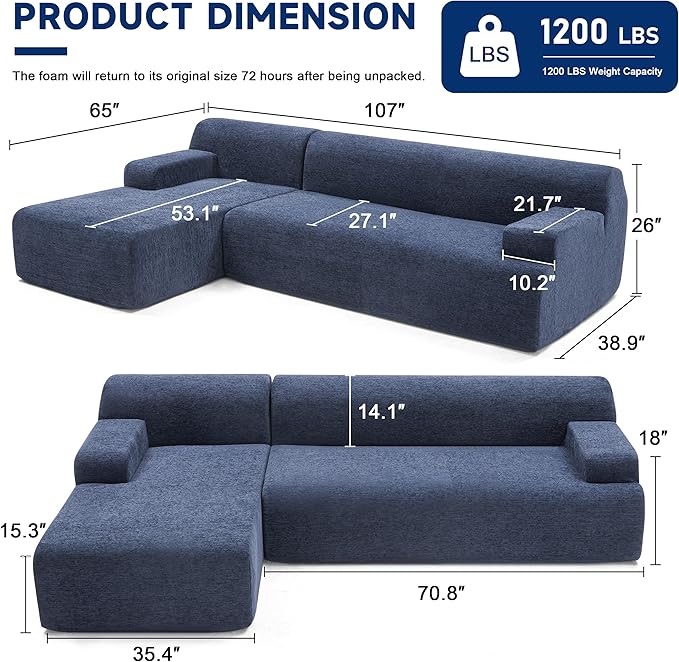 107” Chenille Modular Sectional Sofa, Modern Sofa Couch for Living Room, High Density Sponges Cloud Couch Sectional, L-Shape Couches for Living Room, Blue