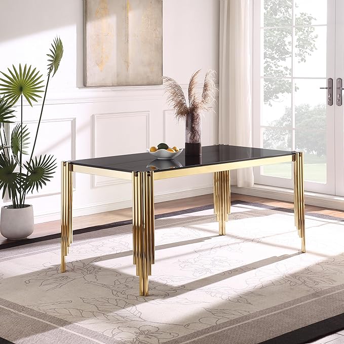 65" Rectangle Glass Dining Table, Glass Kitchen Table w/Tempered Glass Tabletop and Stainless Steel Gold Legs, Modern Glass Dining Room Table for Home, Kitchen, Dining Room