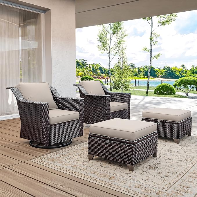 4 Pieces Wicker Patio Furniture, Luxury Outdoor Furniture with 2 Patio Swivel Chai and 2 Patio Ottoman, Wide Armrest, Thickened Cushions, Ideal for Deck, Porch Use