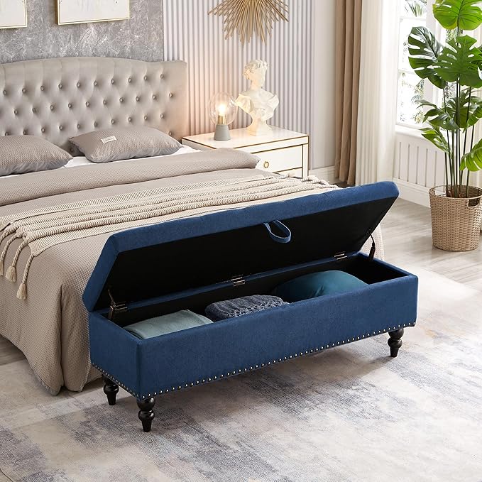 mikibama Linen Storage Bench for Bedroom End of Bed,59" Long Tufted Bed Bench with Storage,Modern Mid Century Storage Ottoman Bench for Window,Entryway,Living Room Solid Wood Legs (Blue)