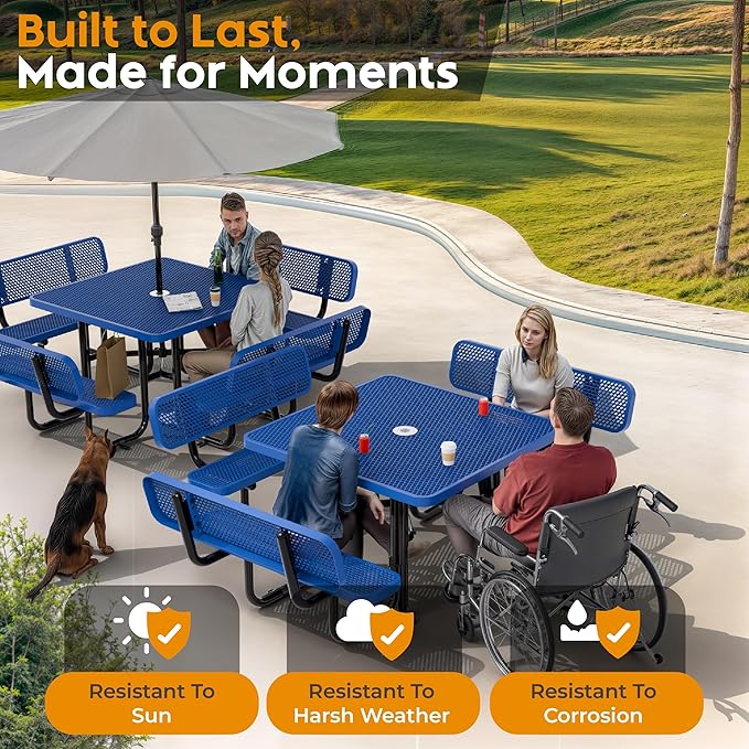 Metal Picnic Tables for Outdoors with Umbrella Hole - Coated Steel Heavy Duty Commercial Grade Furniture with Adjustable Seats (Blue, 46 in, Square with Back, Expanded Steel)