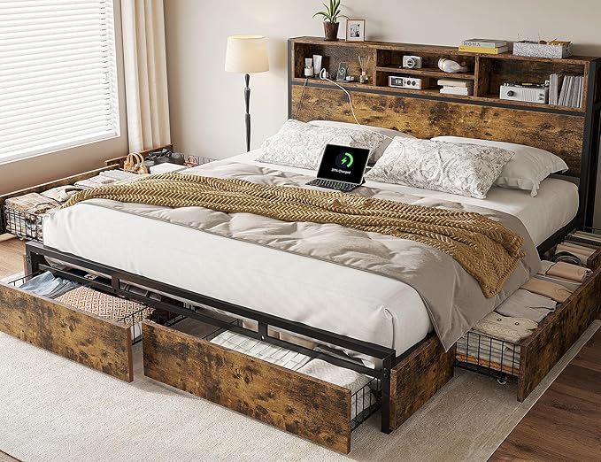 EnHomee King Size Bed Frame with 6 Storage Drawers King Bed Frame and Headboard, Storage Bed with Charging Station, No Noise,No Box Springs Needed,Vintage Brown