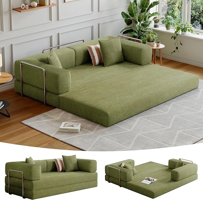 78.8''Convertible Sleeper Sofa Bed,Compressed Floor Boneless Couch,Modular Modern Corduroy Sofa for Living Room Bedroom -with Fixed-Shape Frame and Support Armrest,Easy Assembly(Fruit Green)