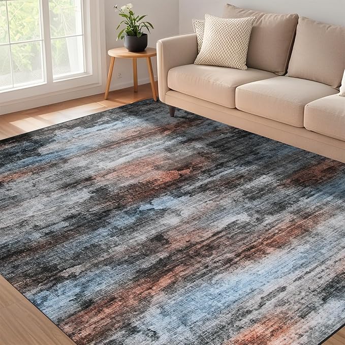 WILLSUN Washable Area Rugs, 6x9 Non-Slip Boho Large Area Rugs for Living Room, Bedroom, Machine Washable Vintage Rug, Indoor Floral Print Carpet for Home Decor, Kid & Pet Friendly Mat