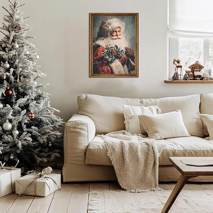 TracyArt Vintage Christmas Decor, Santa Claus with Sprig of Holly Artwork - Christmas Decorations, Unframed 13" x 17"