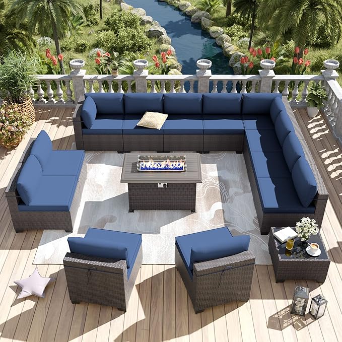 Kurapika 14 Pieces Patio Furniture Set, Rattan Wicker Outdoor Conversation Sets w/43in Propane Fire Pit Table and 4 Inch Cushion(Navy Blue)