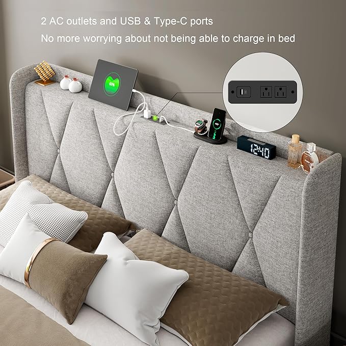 Feonase Full Bed Frame with 4 Storage Drawers, Upholstered Button Tufted Storage Headboard with Fast Charging Station, Heavy Duty Slats Support, No Box Spring Needed, Noise-Free, Light Grey