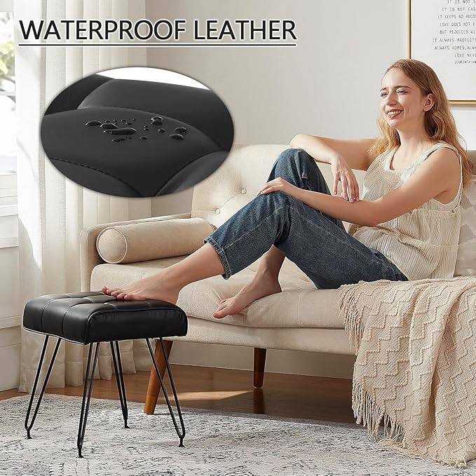 PU Leather Vanity Stools, Vanity Stool Chairs for Makeup Faux Leather Foot Stools Ottoman with Metal Leg Make up Chairs for Vanity Small Bench Seat for Living Room Bedroom (Black)