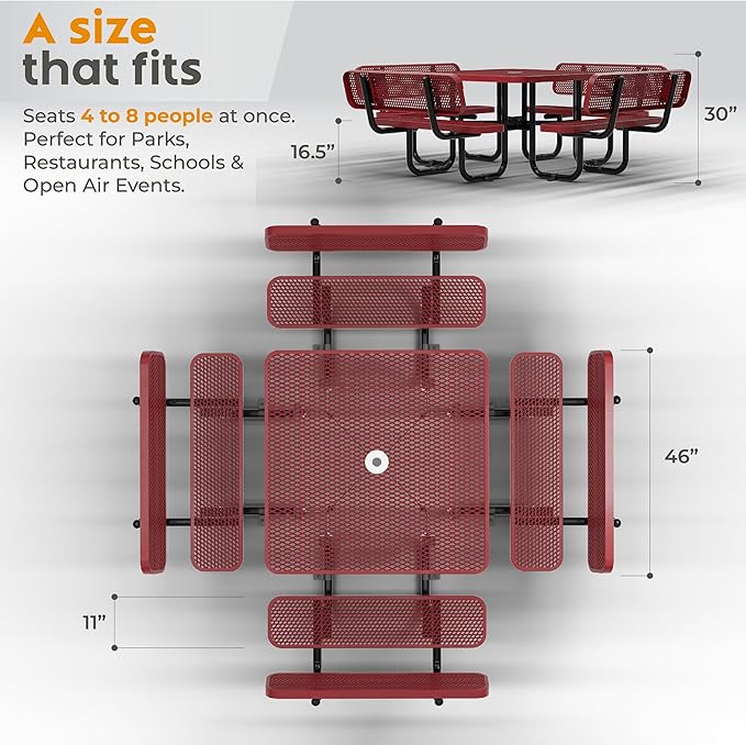 Metal Picnic Tables for Outdoors with Umbrella Hole - Coated Steel Heavy Duty Commercial Grade Furniture with Adjustable Seats (Red, 46 in, Square with Back, Expanded Steel)