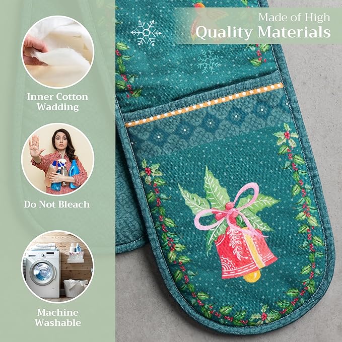 Maison d' Hermine Double Oven Mitt (7" x 35") 100% Cotton Heat Resistant BBQ Cooking Gloves with Loop for Thanksgiving Christmas Decorations Baking Cooking Barbeque Handling Hot Pan (Hygge Christmas)