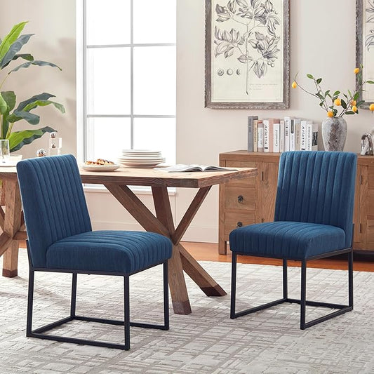 VKNOW Upholstered Dining Chairs, Modern Dining Room Chairs with Stripe, Linen Kitchen Chair Dinner Chair with Black Metal Base for Kitchen Office, Blue