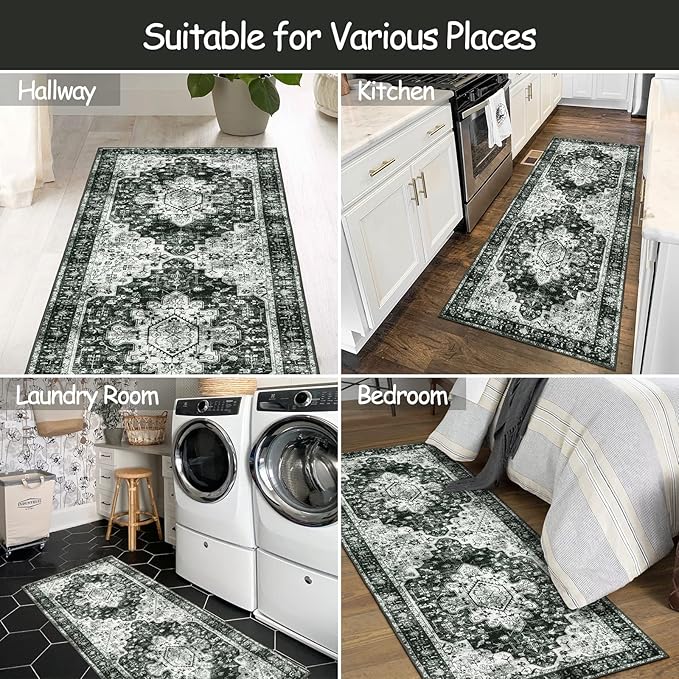 Moynesa Washable Black and White Runner Rug - 2x6 Bathroom Runner with Rubber Backing, Hallway Boho Non-Slip Non-Shedding Low Pile Accent Carpet for Laundry Room Entryway