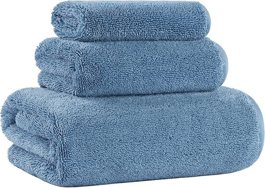 Ring Spun Terry Microfiber Bath Towel Set, 3 Piece, Oversize, Quick Dry, Lint Free, Includes Bath, face, and Hand Towels (Blue)