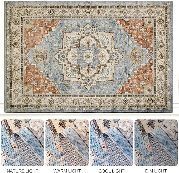 Area Rugs for Living Room 6x9 - Machine Washable Vintage Oriental Soft Rug, Low Pile Thin Floor Carpet with Non Slip Backing for Bedroom, Dorm, Under Dining Room Table, Indoor House, Office Decor