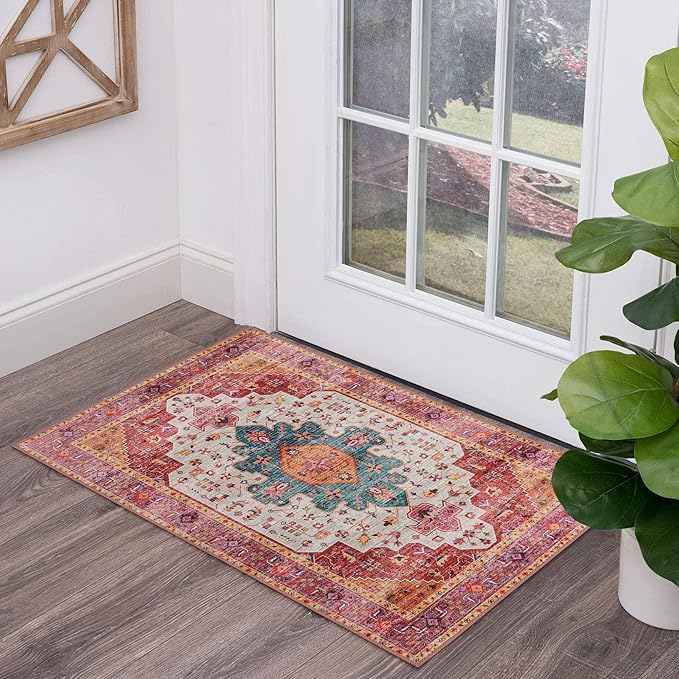 Moynesa Ultra-Thin Washable Runner Rug - Pink 2x4 Bedroom Bathroom Rug Runner Non-Slip Kitchen Rugs, Vintage Stain Resistance Low Pile Entryway Carpet Runner for Hallway Laundry Room