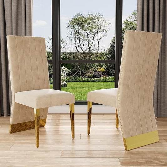 AUZ Dining Chairs with Nail Head Trim, Modern Velvet Upholstered Dining Room Chairs in Lovely Color with Polished Gold Stainless Steel Legs, Set of 2