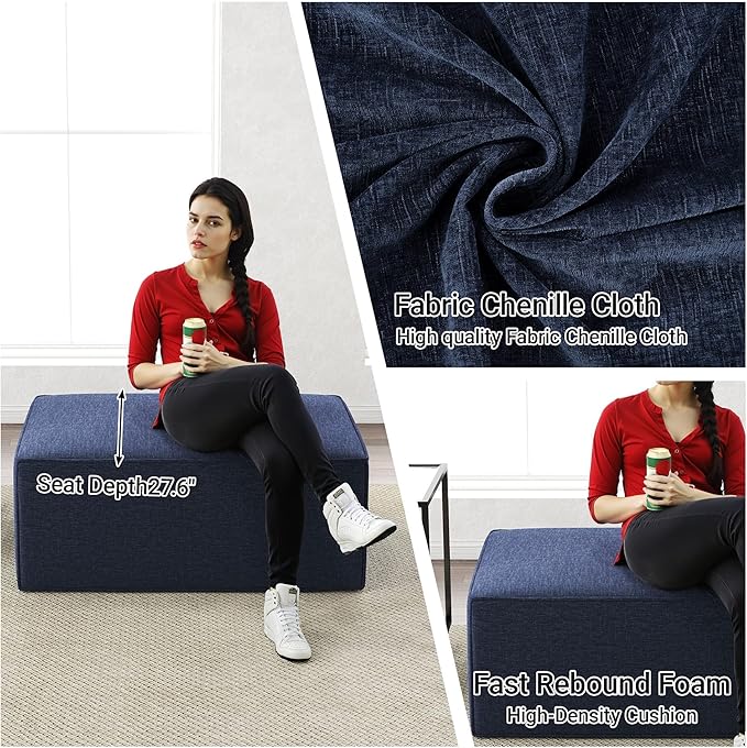 38“ Modular Sectional Sofa Convertible Cube Compressed Couch Seat Set, Combine L-Shaped U-Shaped, Free Assembly, Space-Saving for Living Room, Thick Foam Fabric Chenille Blue (Only Ottoman)