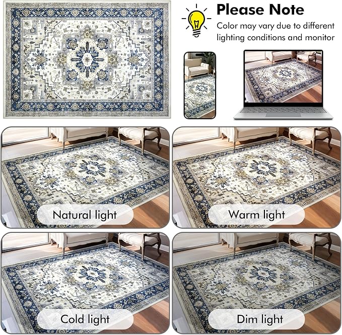 Area Rugs for Living Room 9x12 - Large Machine Washable Vintage Oriental Soft Rug, Low Pile Thin Carpet with Non Slip Backing for Bedroom, Dorm, Under Dining Room Table, Indoor House, Office Decor