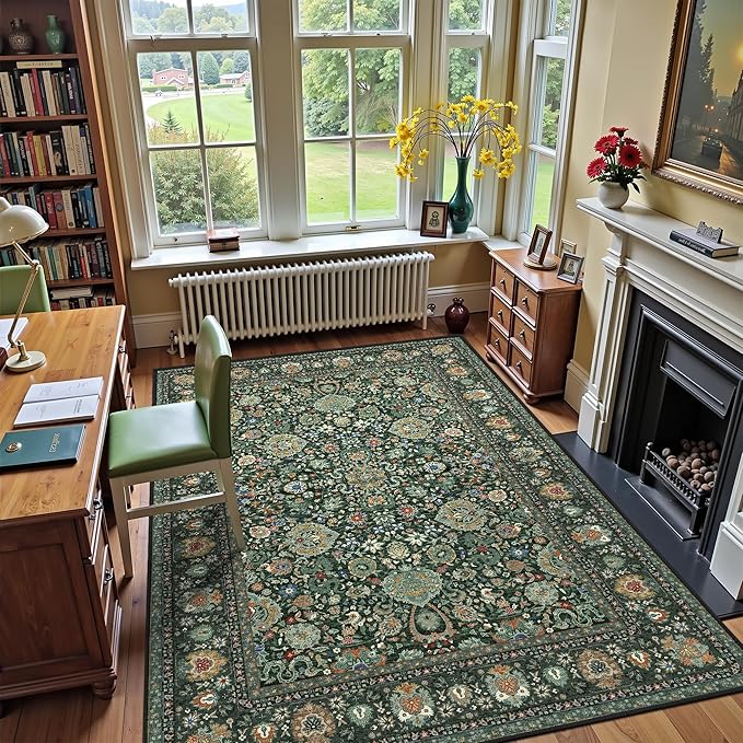 6x9 Vintage Rugs for Dining Room, Washable Rugs Non Slip Large Area Rug for Living Room Bedroom Office, Floor Decoration Big Rug Low-Pile Kid & Pet Friendly(Dark Green