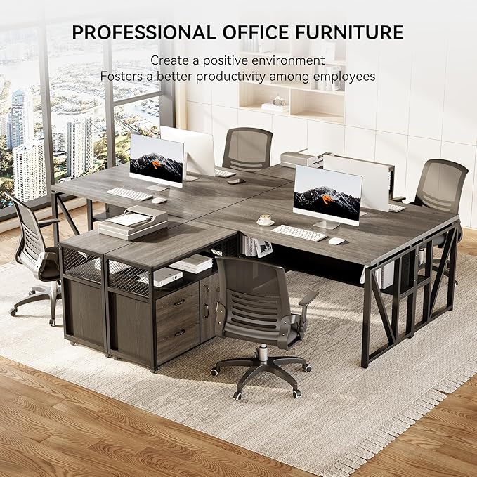 LITTLE TREE 55" Executive Computer Desk and Lateral File Cabinet, L-Shaped Office Desk for Home Office, Furniture Set, Grey