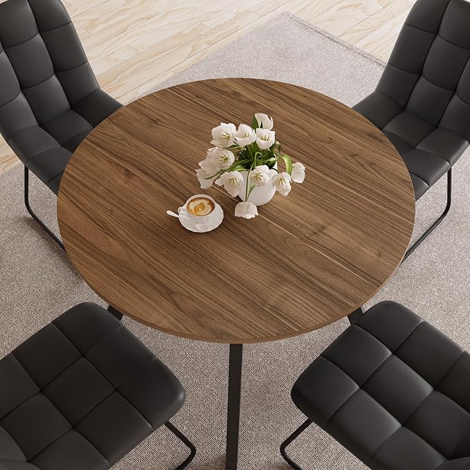 34.6'' Round Dining Table and Chairs for 4 Space Saving for Apartment Kitchen Dining Room (Walnut Table+4 U-Shaped Black Chairs)