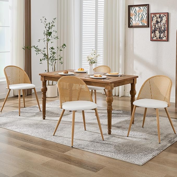 TYBOATLE Rattan Dinner Chairs Set of 2 with Faux Leather Cushion, Modern Dining Room Chairs w/Adjustable Foot Pads, Kitchen Boho Mid Century Upholstered, White