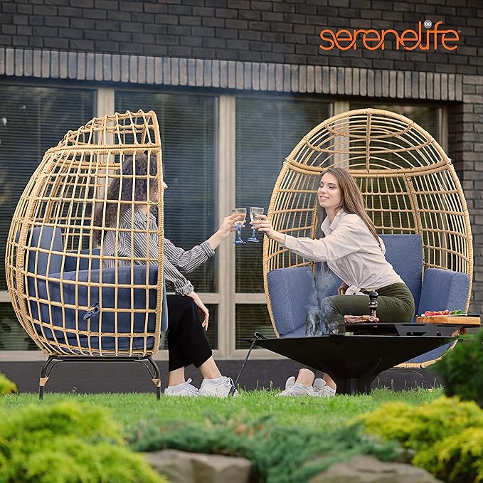 Jovial Wicker Rattan Egg Chair,Indoor Outdoor Blue Sofa Chair for Patio Backyard and Living Room with 4 Cushions and Powder Coated Steel Frame,Woven Texture Contemporary Ribbed Back Design