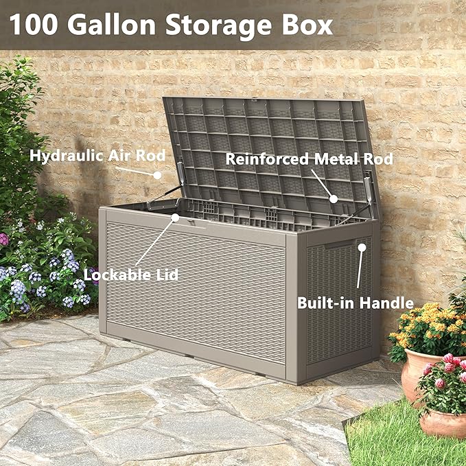100 Gallon Deck Box Lockable Resin Outdoor Storage Box waterproof Outdoor Container for Patio Furniture Cushions, Pillow