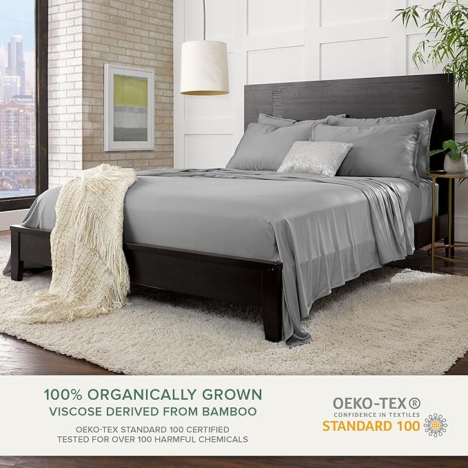 Pure Bamboo Queen Sheets, Genuine 100% Organic Viscose Derived from Bamboo Bed Sheet Set, Luxuriously Soft & Cooling, Double Stitching, 2 Year Quality Promise (Queen, Stone Grey)